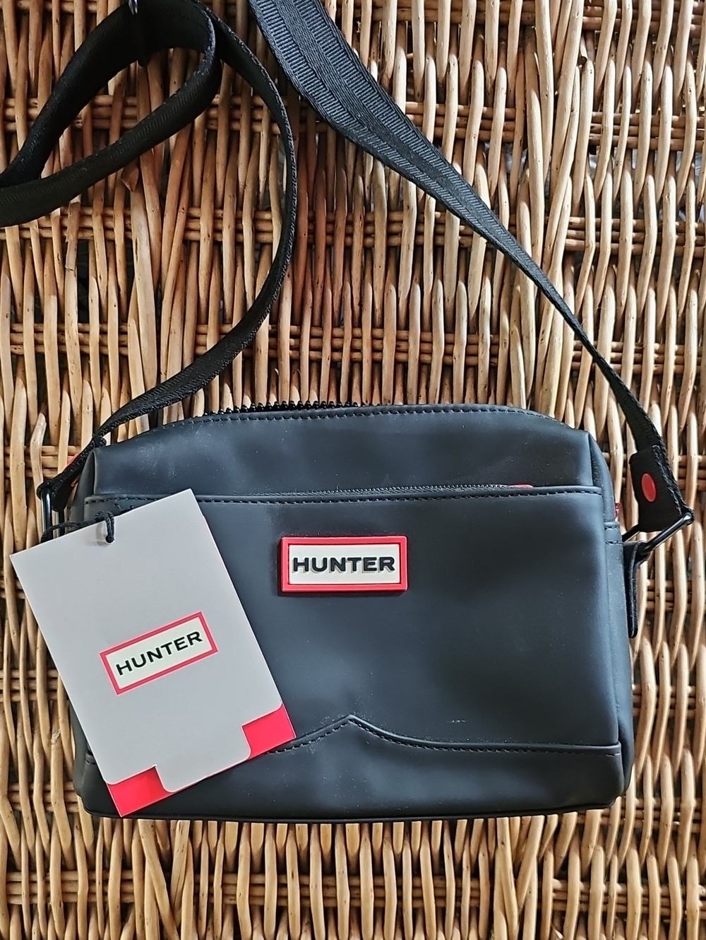 Hunter Black Crossbody Messenger Bag with Red-Trim Logo